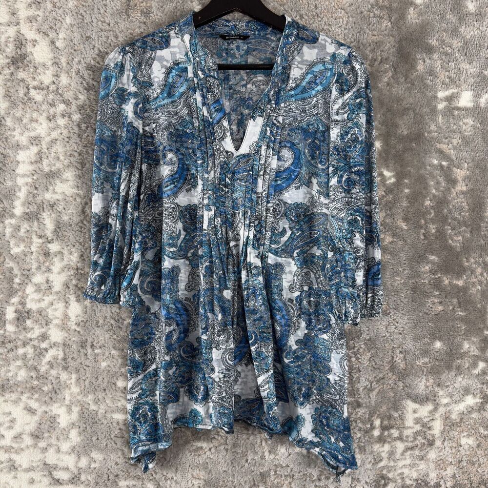 Roman‎ Womens Size 10 Paisley Pleated 3/4 Sleeve Top Blue Gray V Neck Pullover